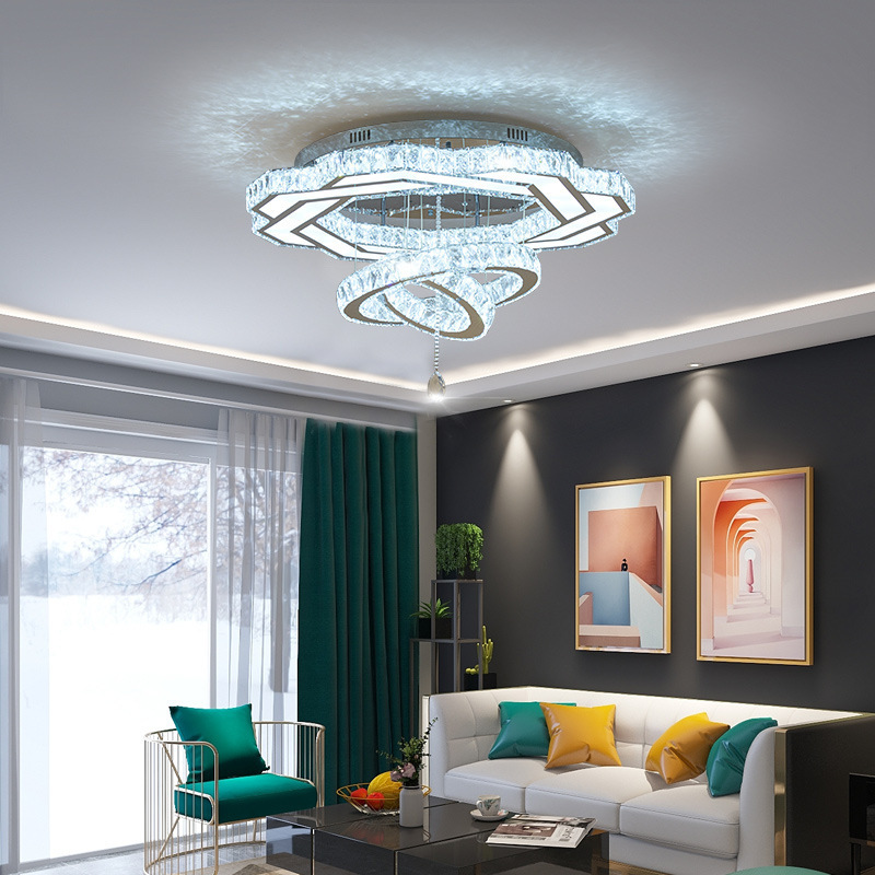 Modern K9 Crystal LED Ceiling Light Rings Chrome Chandelier Acrylic Cover Bedroom Iron Decorative K9 Crystal Led Ceiling Light