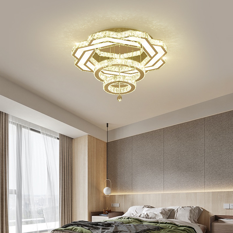 Modern K9 Crystal LED Ceiling Light Rings Chrome Chandelier Acrylic Cover Bedroom Iron Decorative K9 Crystal Led Ceiling Light