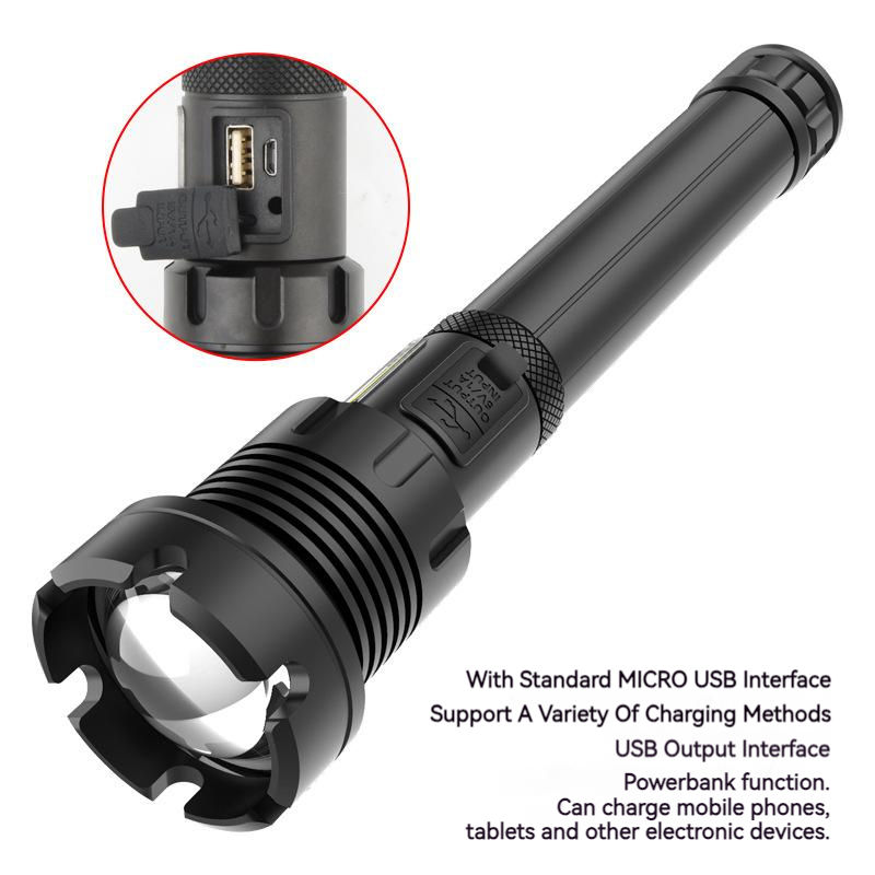 2024 P70 High Power LED Flashlight USB Charging Outdoor Waterproof Telescopic Zoom Aluminum Alloy Body for Camping