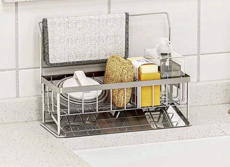 Popular kitchen multifunctional 304 stainless steel hanging sink soap sponge holder drain basket sponge holder for kitchen sink