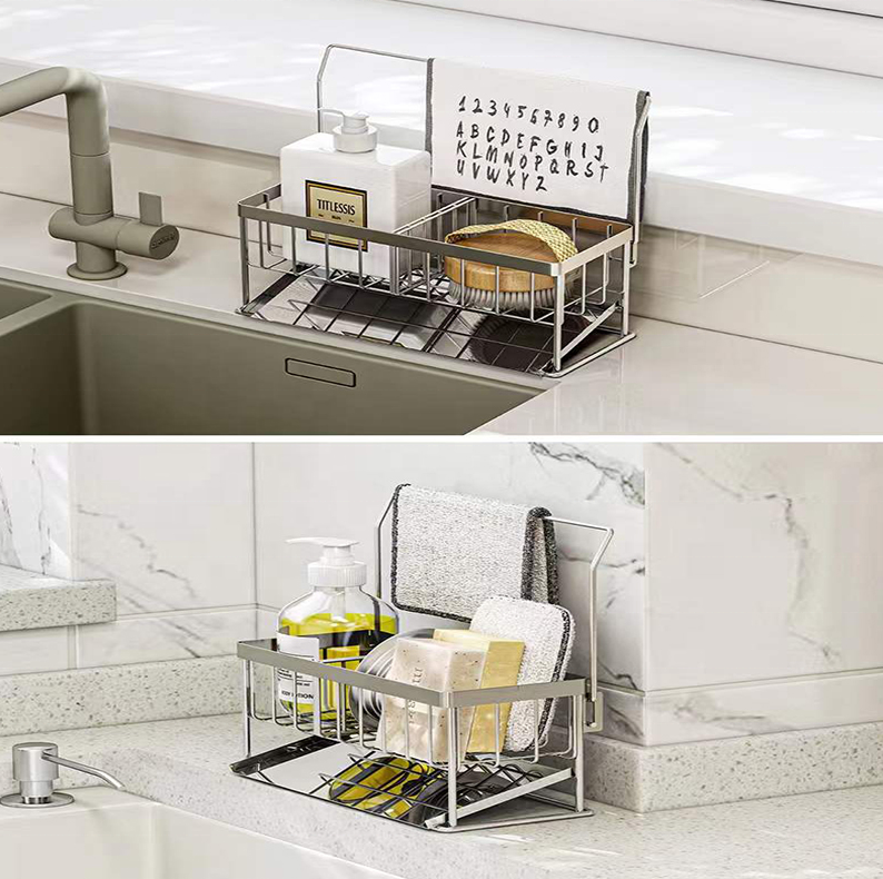 Popular kitchen multifunctional 304 stainless steel hanging sink soap sponge holder drain basket sponge holder for kitchen sink