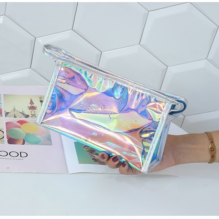 rainbow fashion zipper pvc custom makeup bags cosmetic vinyl laser clear waterproof holographic bag