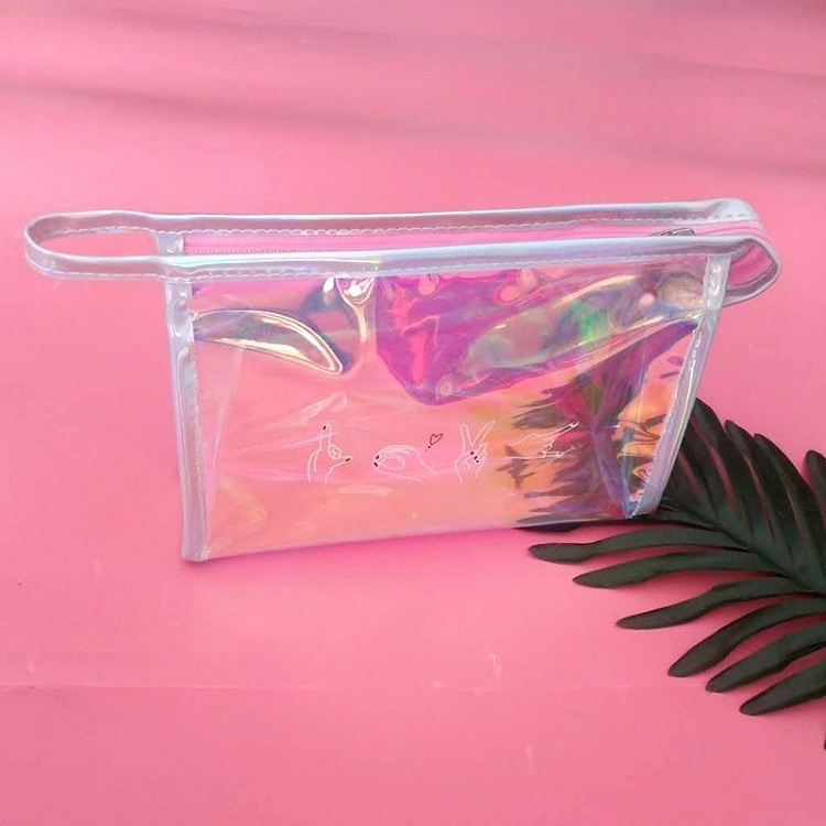 rainbow fashion zipper pvc custom makeup bags cosmetic vinyl laser clear waterproof holographic bag