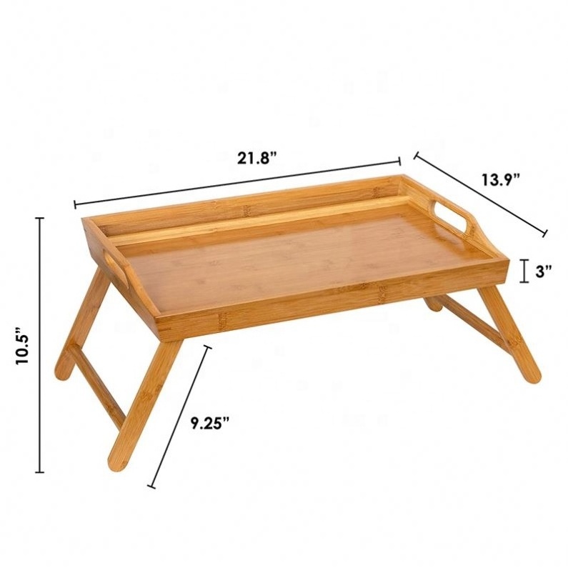 Hiros Custom Modern Floating Bamboo Wood Bed Breakfast Food Serving Tray With Folding Legs