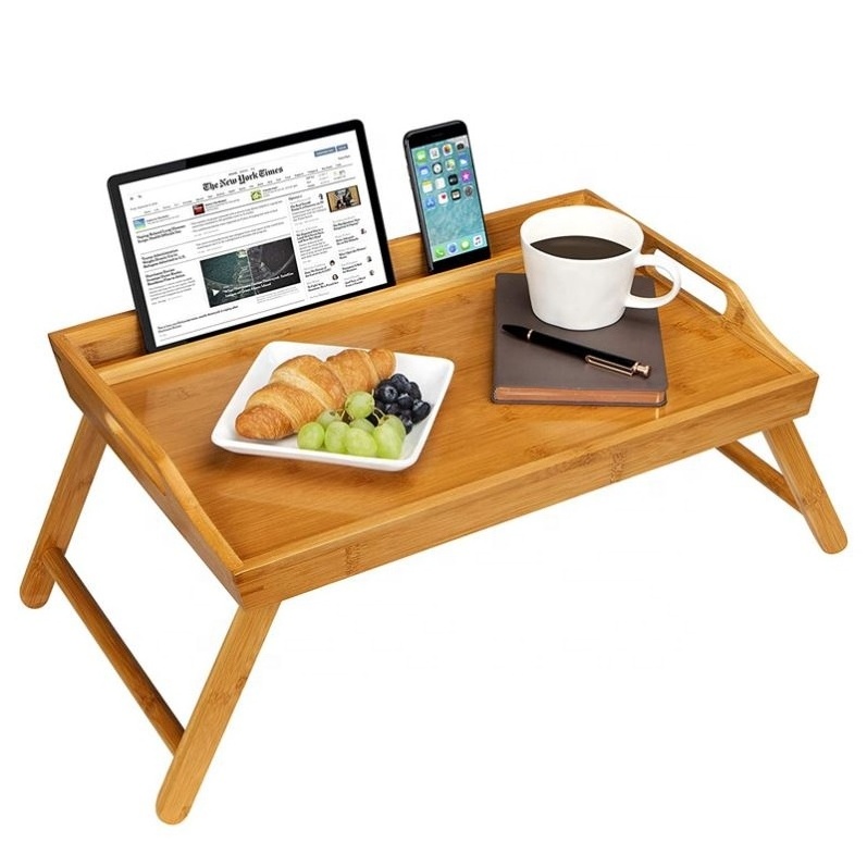 Hiros Custom Modern Floating Bamboo Wood Bed Breakfast Food Serving Tray With Folding Legs