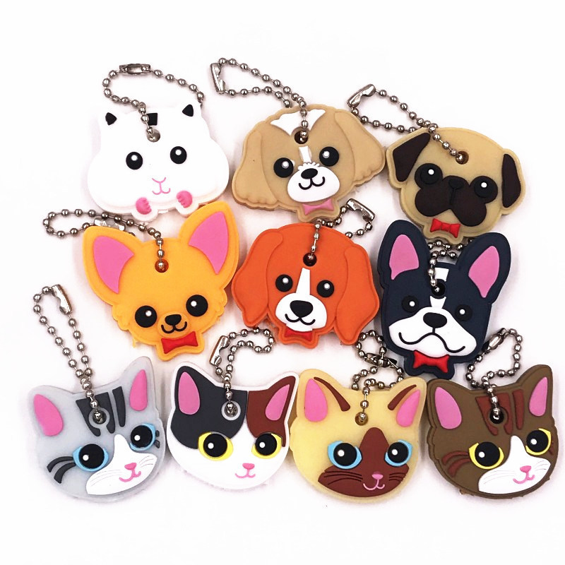 Cute Dog Cat animal Shape Silicone Key Cover 2D PVC Rubber Lovely Key Cap Keychain Key Holder KeyRing Women Bag Phone Charm gift