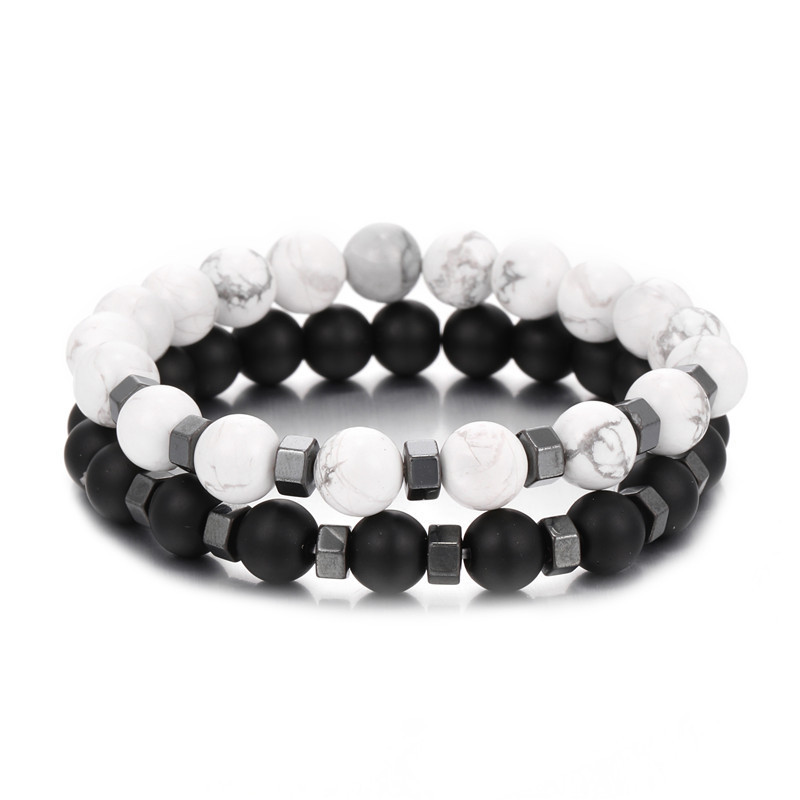 Howlite Lava Scented Essential Oil Diffuser Bracelet Set Black and White Couples Distance Beaded Bracelets