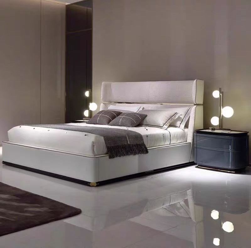 Italian Design Luxury Bedroom Furniture Set Modern Upholstered Leather Bedroom Bed With Extended Headboard