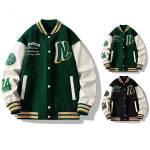 Wholesale Men's Striped Letter Jacket Pattern Baseball Coat with Stand Collar Pockets Loose Long Sleeve Bomber Varsity Jacket