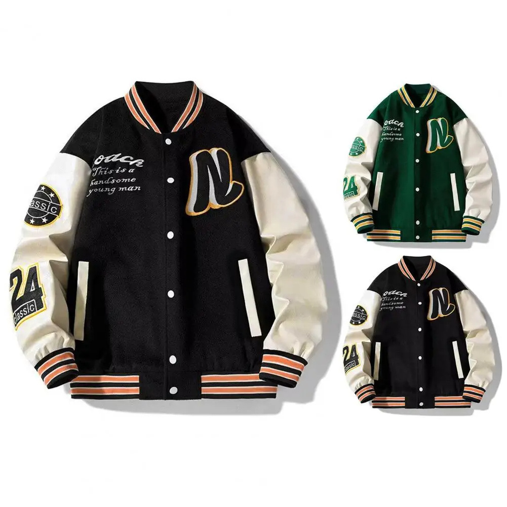 Wholesale Men's Striped Letter Jacket Pattern Baseball Coat with Stand Collar Pockets Loose Long Sleeve Bomber Varsity Jacket