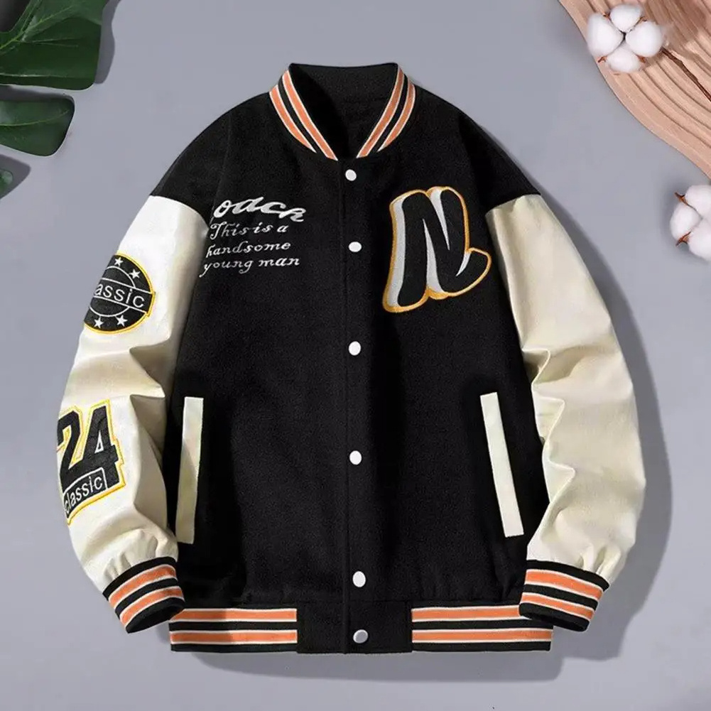 Wholesale Men's Striped Letter Jacket Pattern Baseball Coat with Stand Collar Pockets Loose Long Sleeve Bomber Varsity Jacket