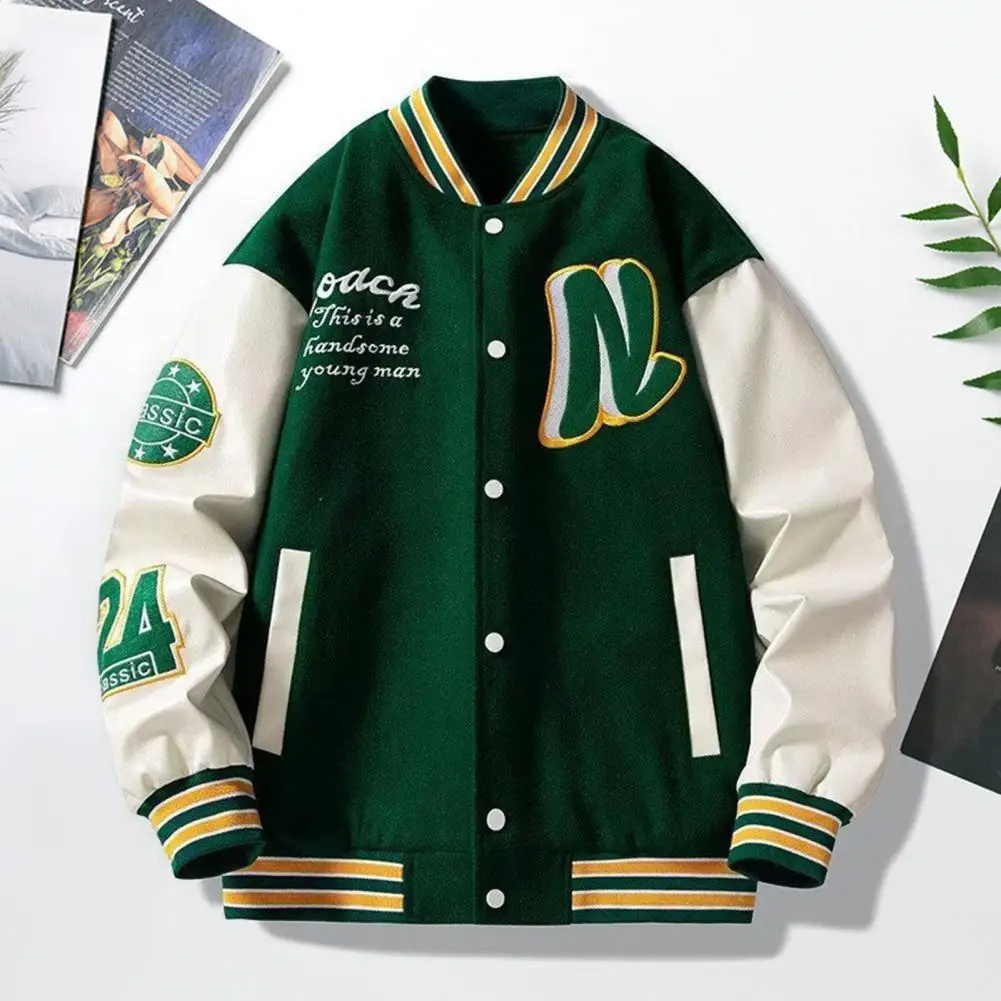 Wholesale Men's Striped Letter Jacket Pattern Baseball Coat with Stand Collar Pockets Loose Long Sleeve Bomber Varsity Jacket