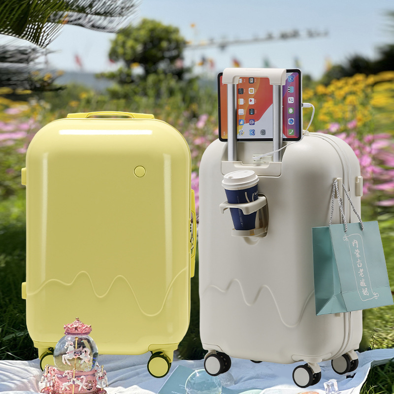 Fashion Travel Trolley Bag Hide Cup Holder Suitcase With USB Charging Interfeace Design 20in Travel Luggage Macaroon Color