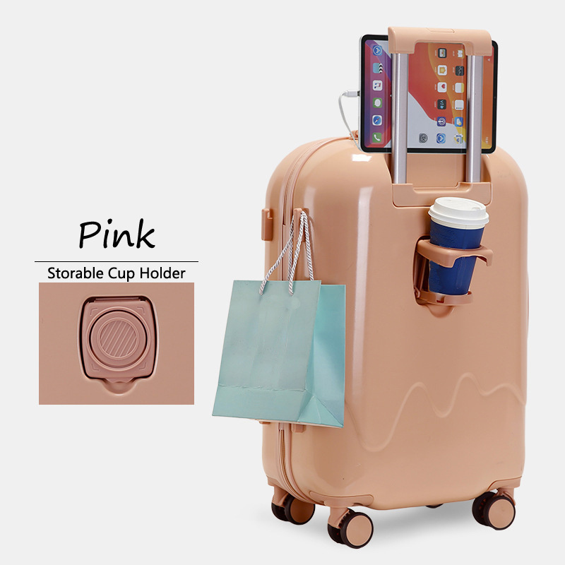 Macaroon Color Suitcase With Hide Cup Holder Design Safe Digit Password Lock Lightweight 20in Travel Trolley Bag