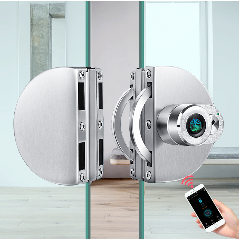 304 Stainless Steel Smart Biometric Fingerprint Glass Door Lock With BLU APP Built in Rechargeable Battery No Drill