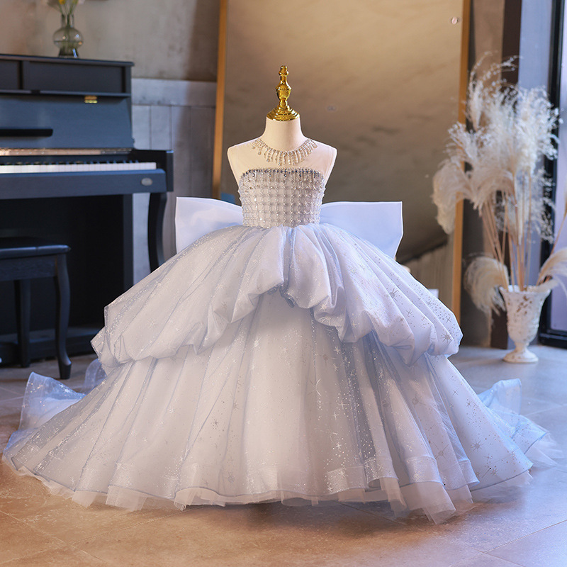 European style flower girl wedding gown shiny long tail children's princess Evening dress Noble Grey kid birthday dress for 10Y