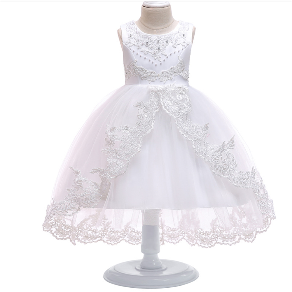 Western style pink flower girl wedding dress  Long tailed kids girls party dress tulle  kid birthday dresses for 6 years old