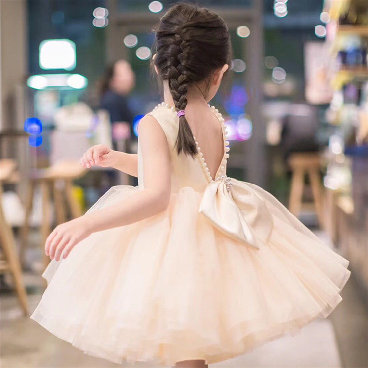 Cute Children party Wear Flower Princess dress summer backless girl  birthday dress for 2Y  White Fluffy Mesh Girl Wedding Dress