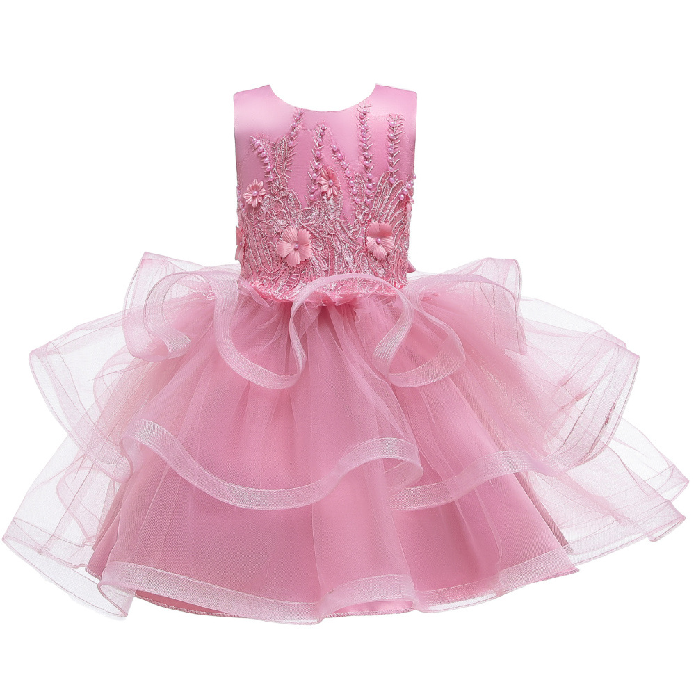 Child embroidered bridesmaid kids girl dress sleeveless multi-layer princess dresses for little girls fluffy