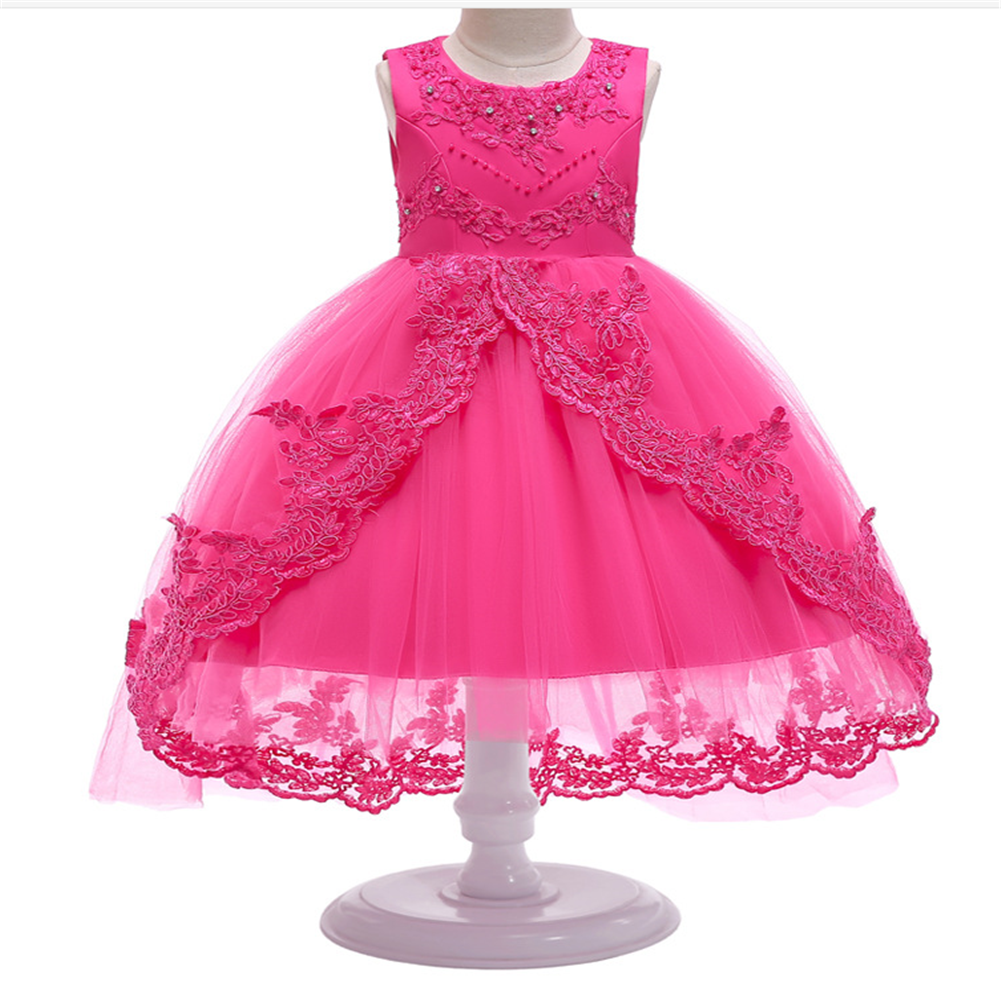 Western style pink flower girl wedding dress  Long tailed kids girls party dress tulle  kid birthday dresses for 6 years old