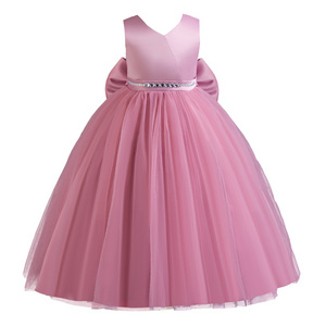 Fashion V-neck design  children's princess dress Shiny rhinestone pink girl wedding gown tulled dresses for girls of 10 year old