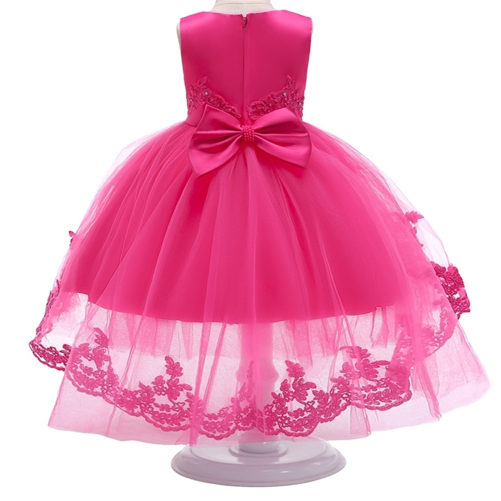 Western style pink flower girl wedding dress  Long tailed kids girls party dress tulle  kid birthday dresses for 6 years old