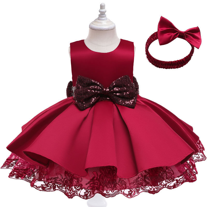 Korean style sleeveless sequin children's princess evening dress big bow baby party dress for first birthday pink kidsgirl dress