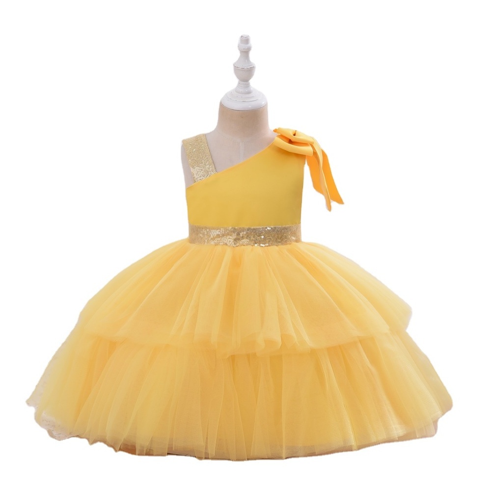 Korean style sleeveless sequin children's princess evening dress big bow baby party dress for first birthday pink kidsgirl dress