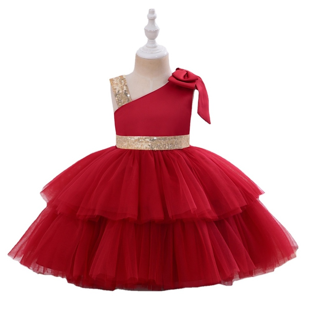 Korean style sleeveless sequin children's princess evening dress big bow baby party dress for first birthday pink kidsgirl dress