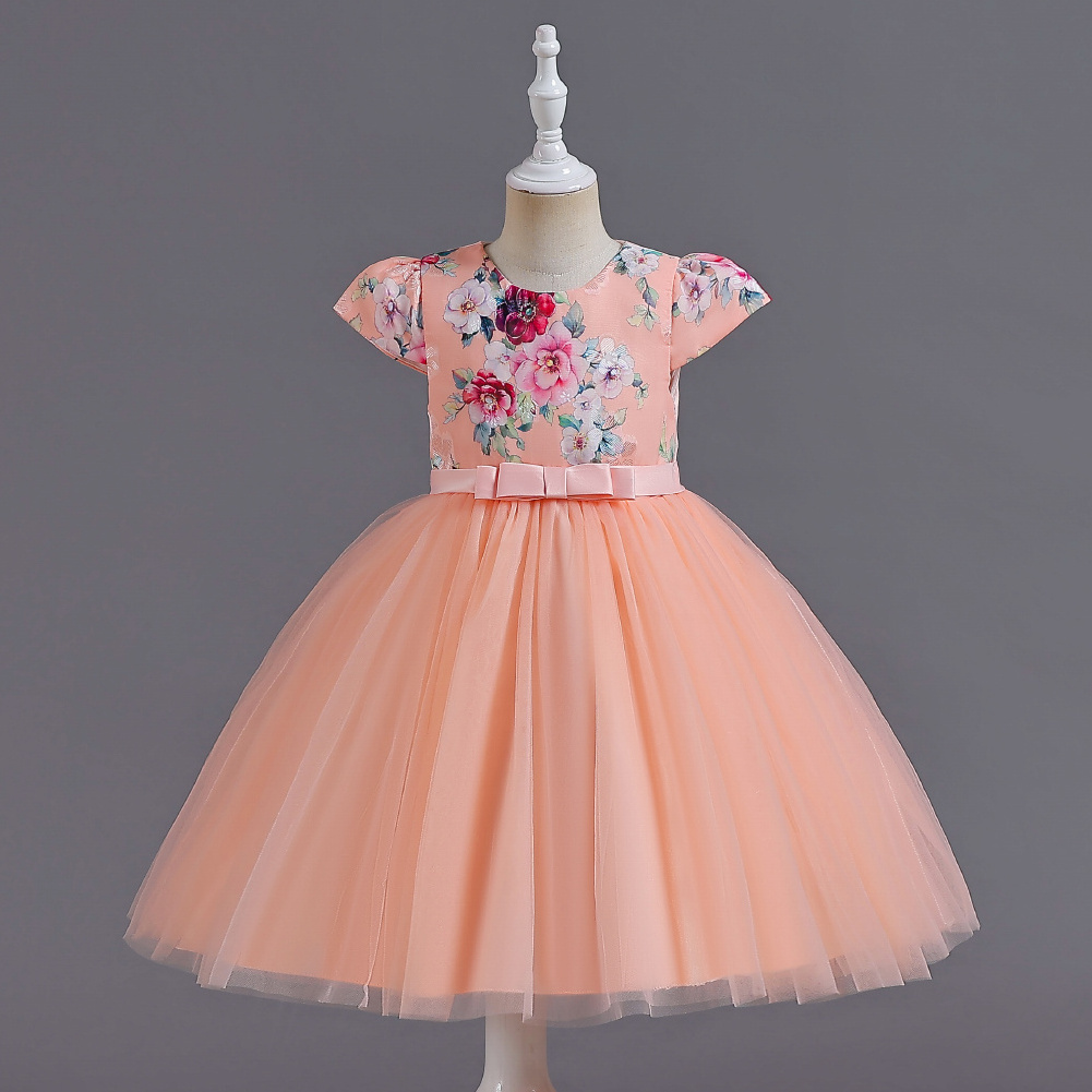 Traditional style short sleeve western children party dress Tulle  dresses for girls of 10 year old  pink flower girl dress