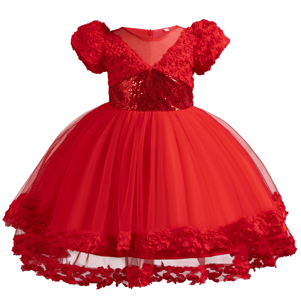 Elegant style short sleeved sequin princess children party dress elegant kid prom dresses red dresses for girls of 10 year old