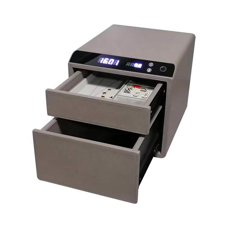 Double layer gray leather drawer safe for home smart fingerprint safe, valuable item storage box