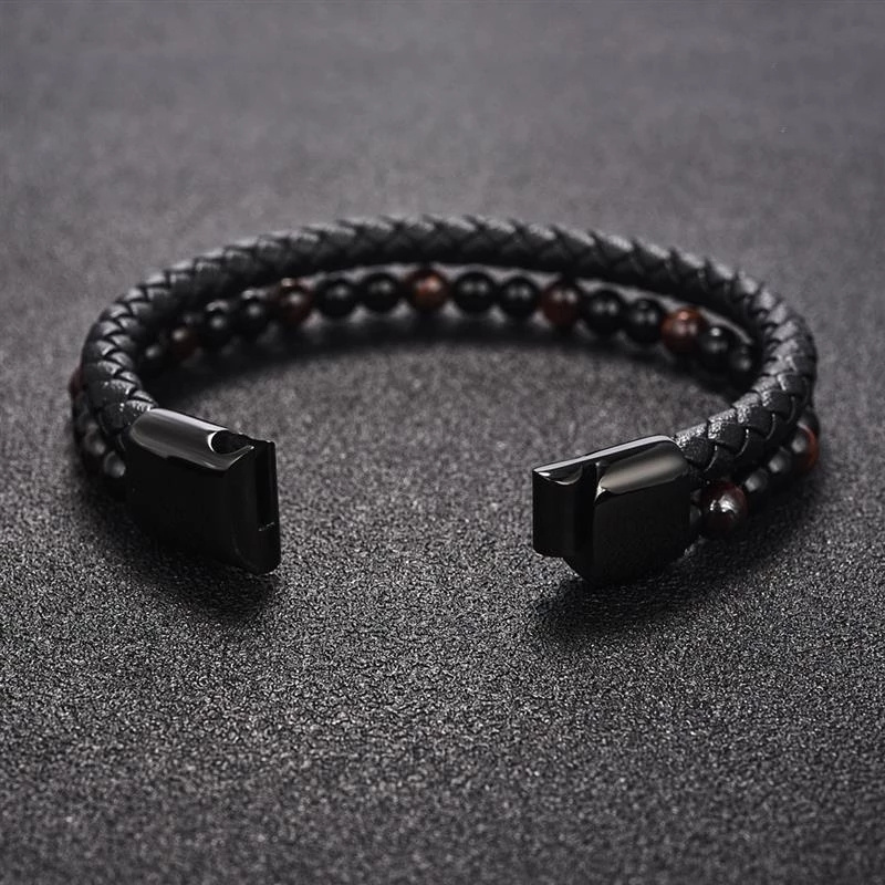 Tiger Eye Lava Men Natural Stone Bead Magnetic Clasp Black Leather Bracelet