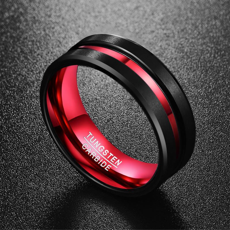 Fashion personalized 8MM Black and Red Tungsten Carbide Ring Matte Finish Beveled Edges