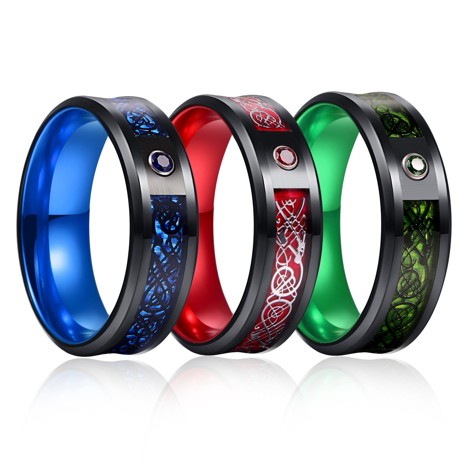 Men's Ring Tungsten Carbide Ring Wedding Band Celtic Dragons Red Green Blue Carbon Fiber Tungsten Ring