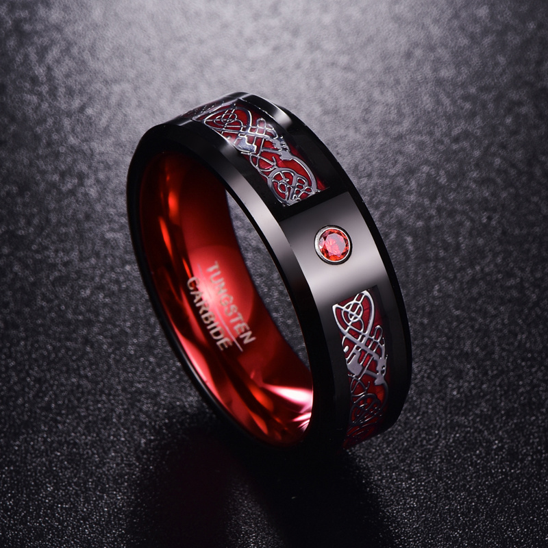 Men's Ring Tungsten Carbide Ring Wedding Band Celtic Dragons Red Green Blue Carbon Fiber Tungsten Ring