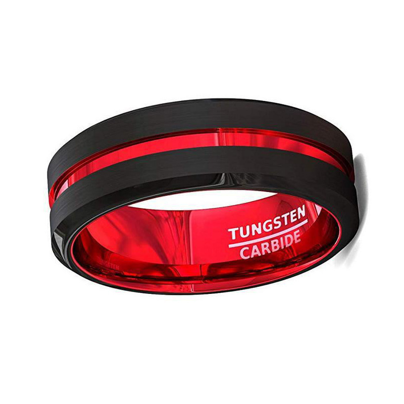 Fashion personalized 8MM Black and Red Tungsten Carbide Ring Matte Finish Beveled Edges