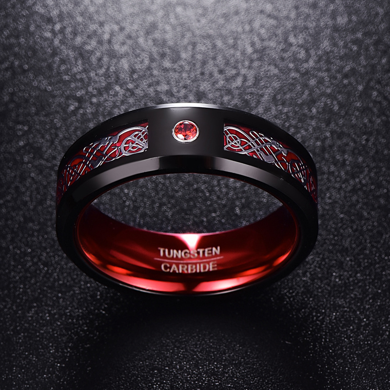 Men's Ring Tungsten Carbide Ring Wedding Band Celtic Dragons Red Green Blue Carbon Fiber Tungsten Ring