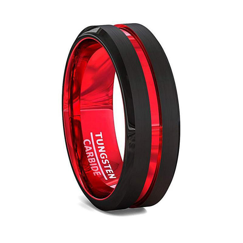 Fashion personalized 8MM Black and Red Tungsten Carbide Ring Matte Finish Beveled Edges