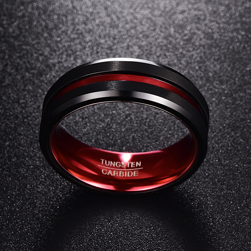 Fashion personalized 8MM Black and Red Tungsten Carbide Ring Matte Finish Beveled Edges