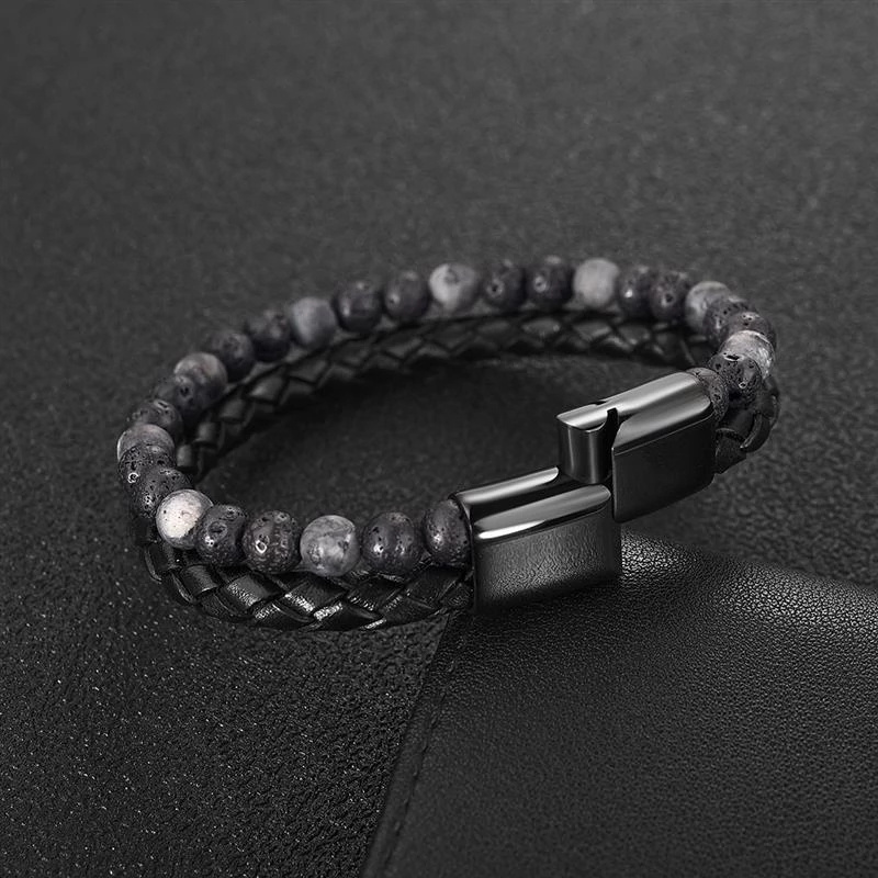 Tiger Eye Lava Men Natural Stone Bead Magnetic Clasp Black Leather Bracelet