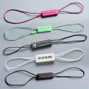 Custom hangtag lock rope Polyester product g string luxury cloth embossed logo plastic seal hang tag string/.