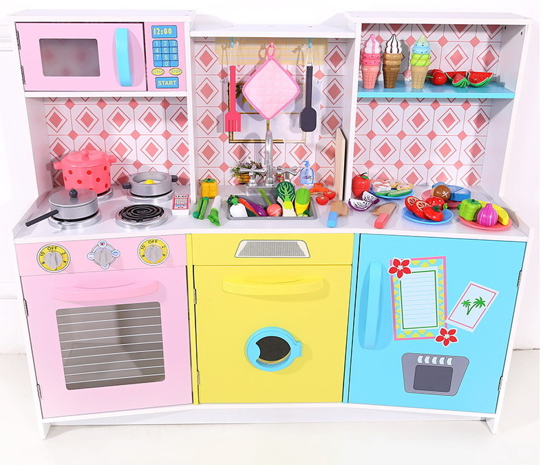 Children Pretend play Wooden Kitchen toys set with wooden refrigerator Magnetic Cutting Fruits toys WKT28-G