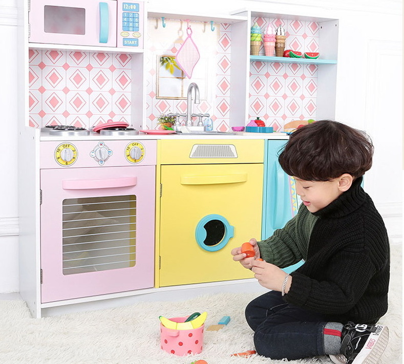 Children Pretend play Wooden Kitchen toys set with wooden refrigerator Magnetic Cutting Fruits toys WKT28-G