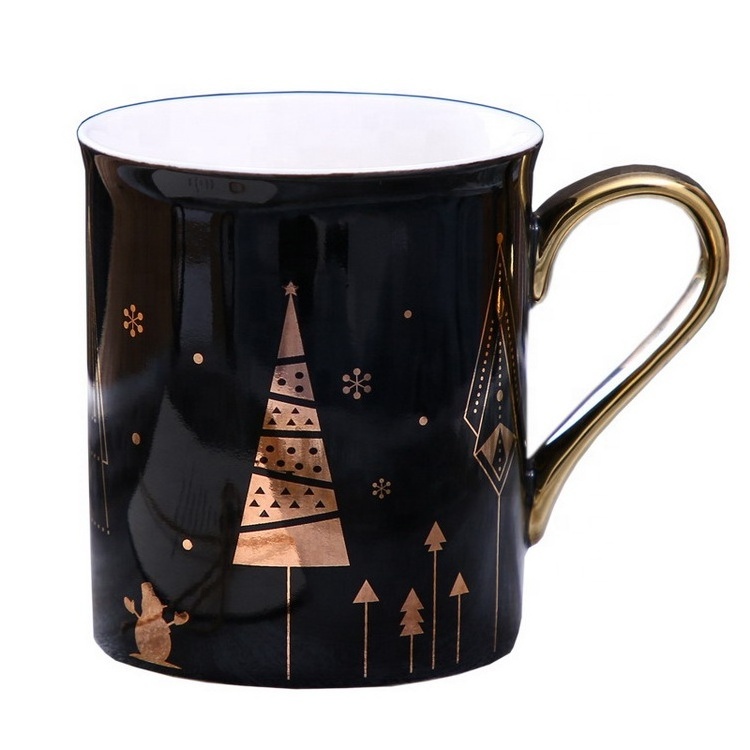 new arrival  slap-up multicolor Christmas theme snowflake pine snowman gold gilded ceramic mug with golden lid and handle