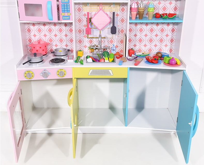 Children Pretend play Wooden Kitchen toys set with wooden refrigerator Magnetic Cutting Fruits toys WKT28-G