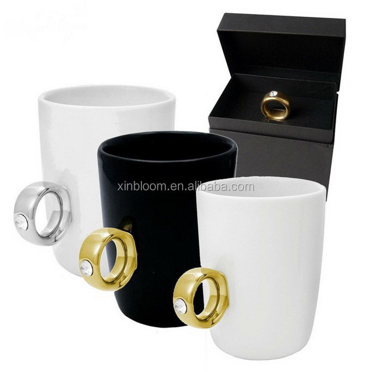 creative unique lovers glazed black and white diamond ring gift couple porcelain coffee milk tea mug