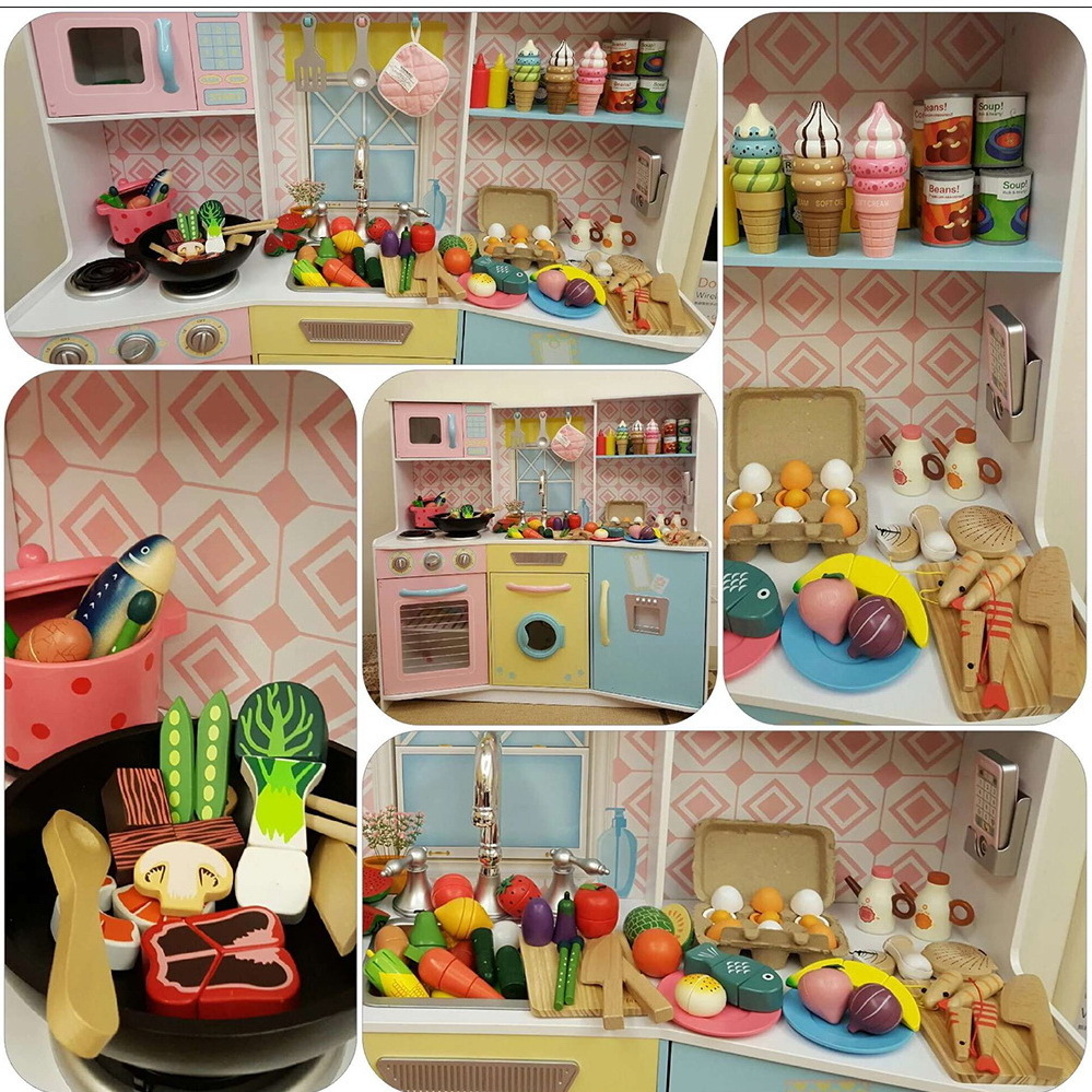 Children Pretend play Wooden Kitchen toys set with wooden refrigerator Magnetic Cutting Fruits toys WKT28-G