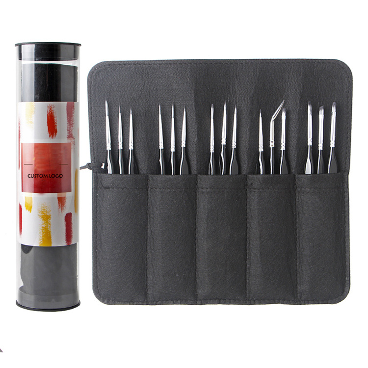 XIN BOWEN Custom 15pcs Ergonomic Detail Brush Artist Painting Set Kits Miniature Art Paint Brush With Felt and Cylinder Bag