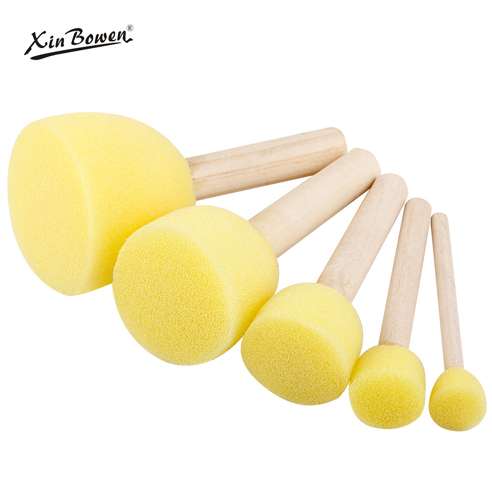 Xin bowen Children Drawing Tools 5 Pieces Diy Painting Toys Yellow Foam Seal Wood Handle Sponge Brush For Kids